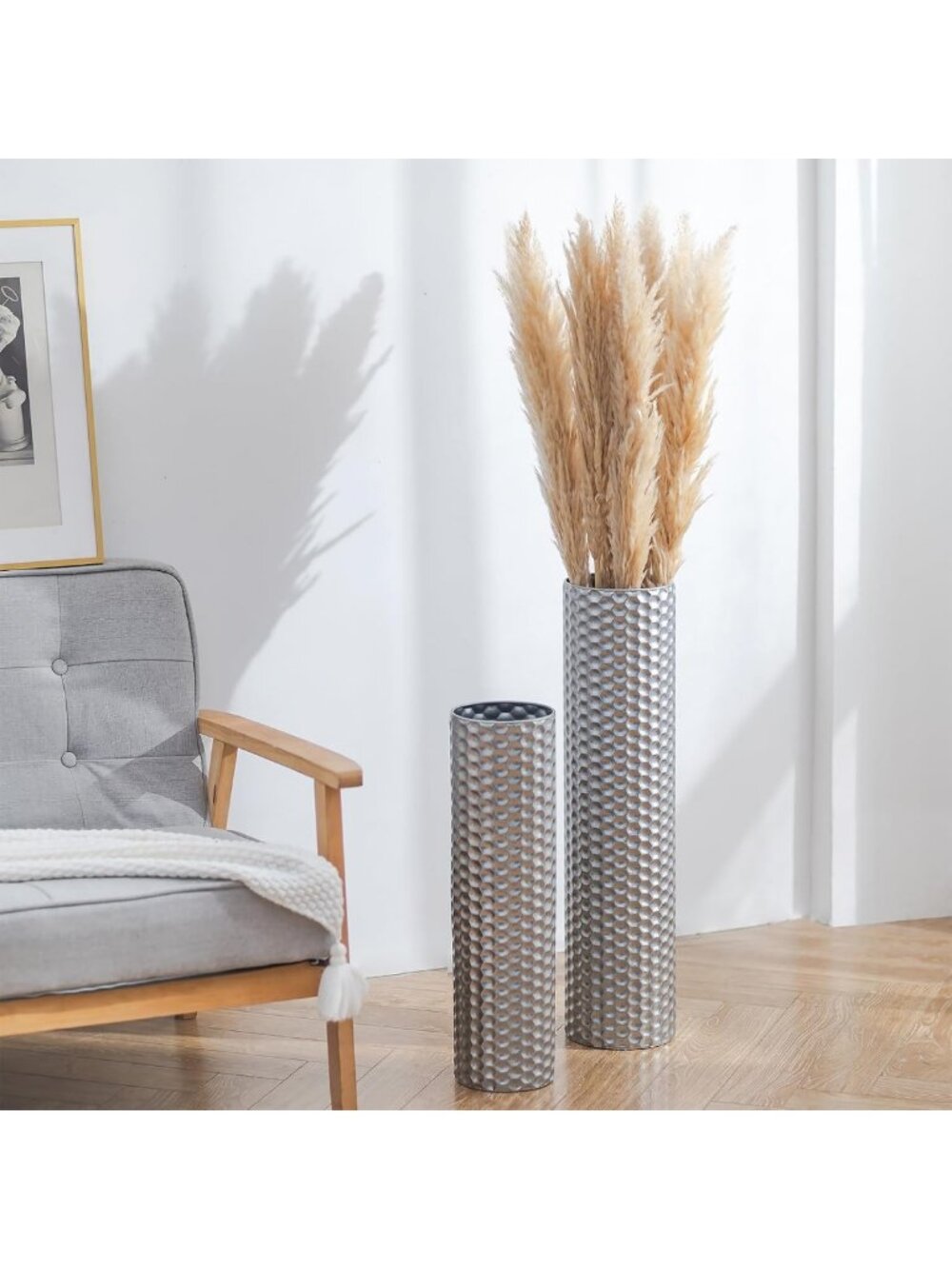 Elegant Silver Tall Floor Vases - Modern Metal Cylinder Decor, Set of 2